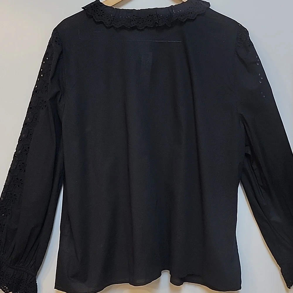 J. Crew Black Eyelet Lace-Trim Button Front Blouse - Picture 10 of 12